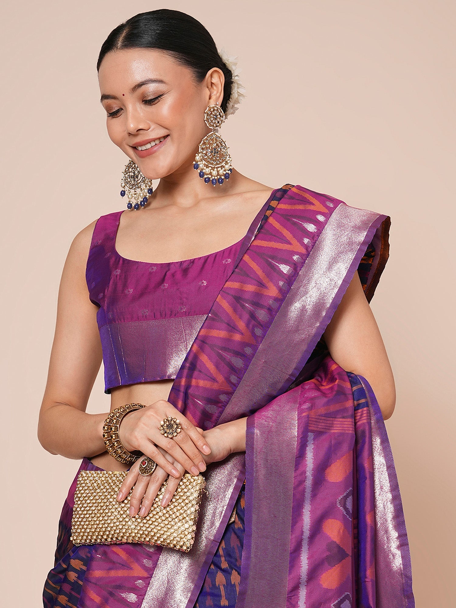 Purple Silk Blend Ikat Geometric Weaving Silver Zari Border Tassels Saree - Ressa
