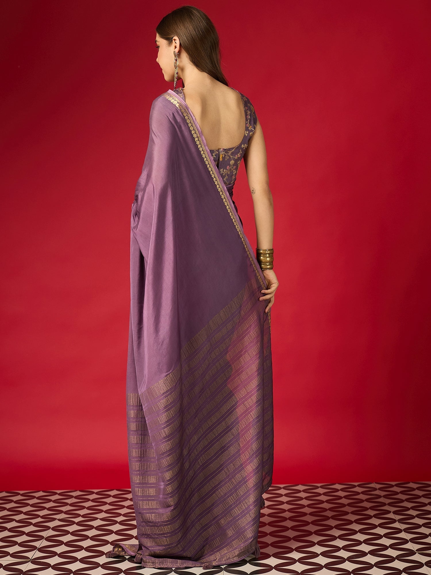 Purple Silk Blend Saree with Zari Border & Brocade Blouse - Ressa