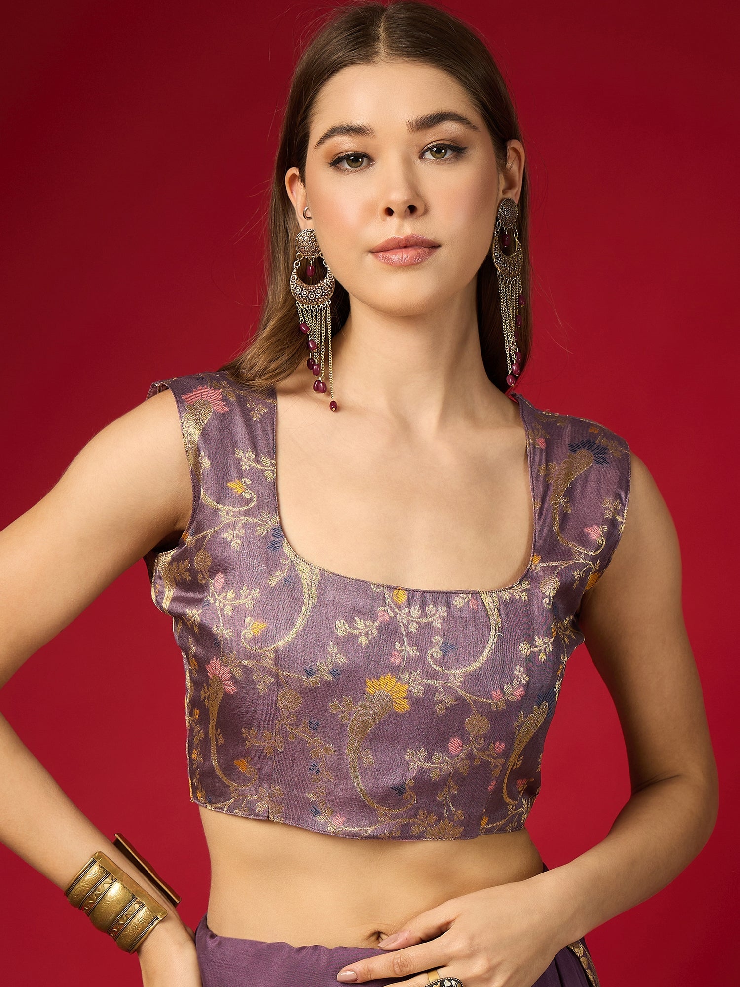 Purple Silk Blend Saree with Zari Border & Brocade Blouse - Ressa