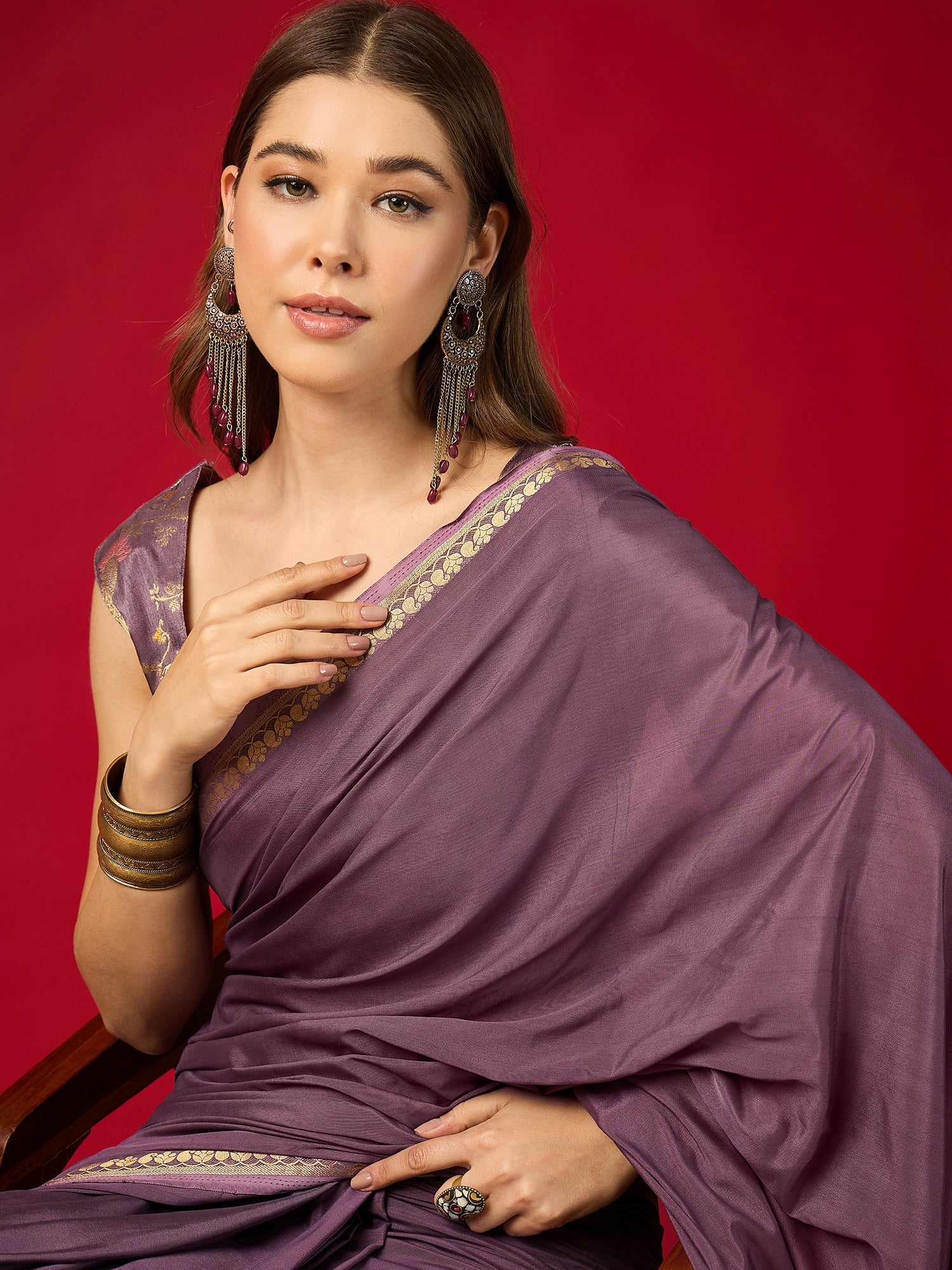 Purple Silk Blend Saree with Zari Border & Brocade Blouse - Ressa