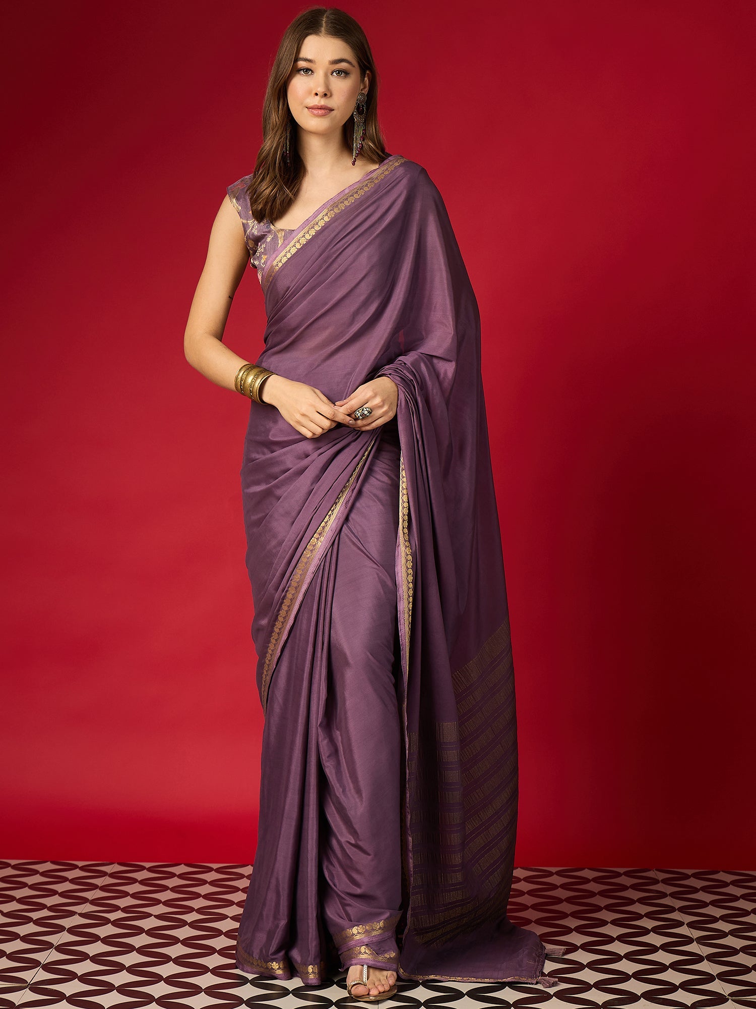 Purple Silk Blend Saree with Zari Border & Brocade Blouse - Ressa