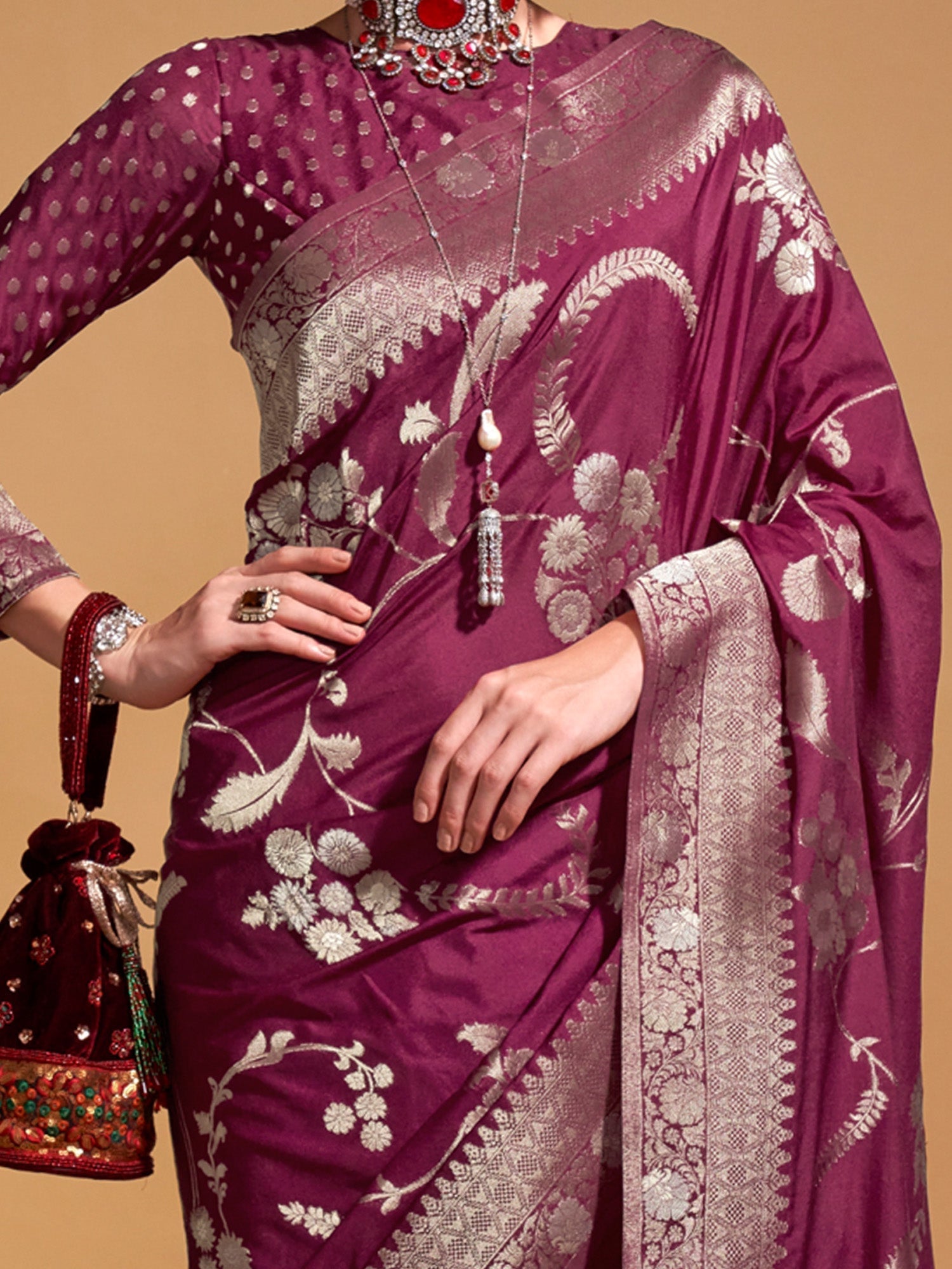 Purple Silk Blend With Silver Weaving Zari Border - Ressa