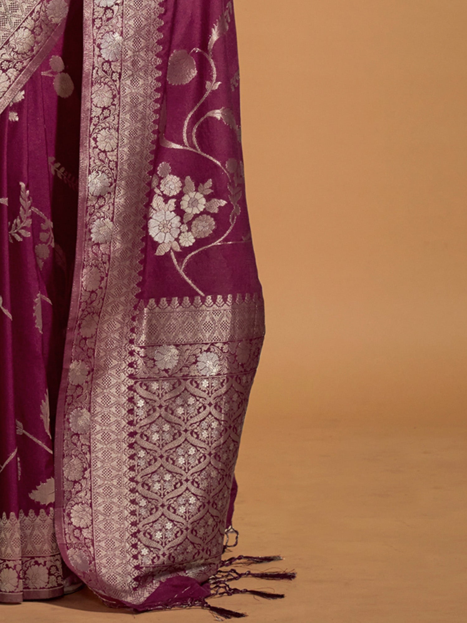 Purple Silk Blend With Silver Weaving Zari Border - Ressa