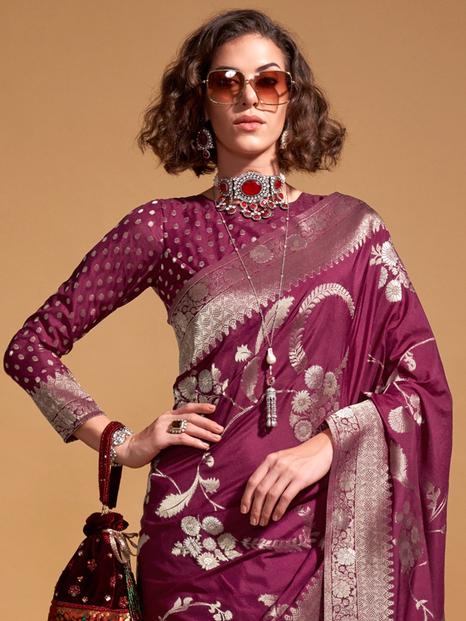 Purple Silk Blend With Silver Weaving Zari Border - Ressa