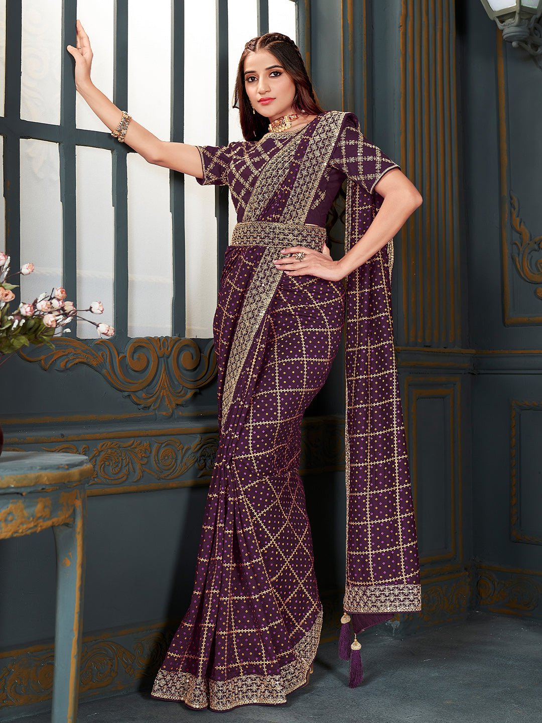 Purple Silk Saree with Gold Zari Border - Ressa