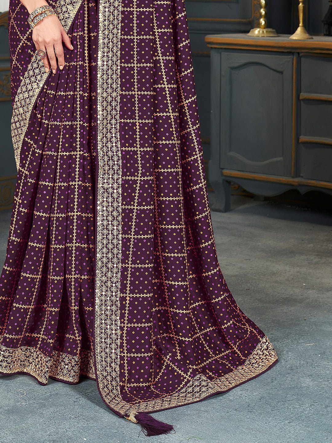 Purple Silk Saree with Gold Zari Border - Ressa