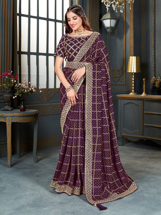 Purple Silk Saree with Gold Zari Border - Ressa