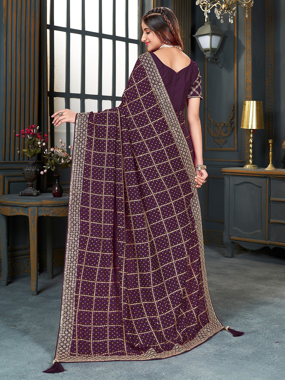 Purple Silk Saree with Gold Zari Border - Ressa