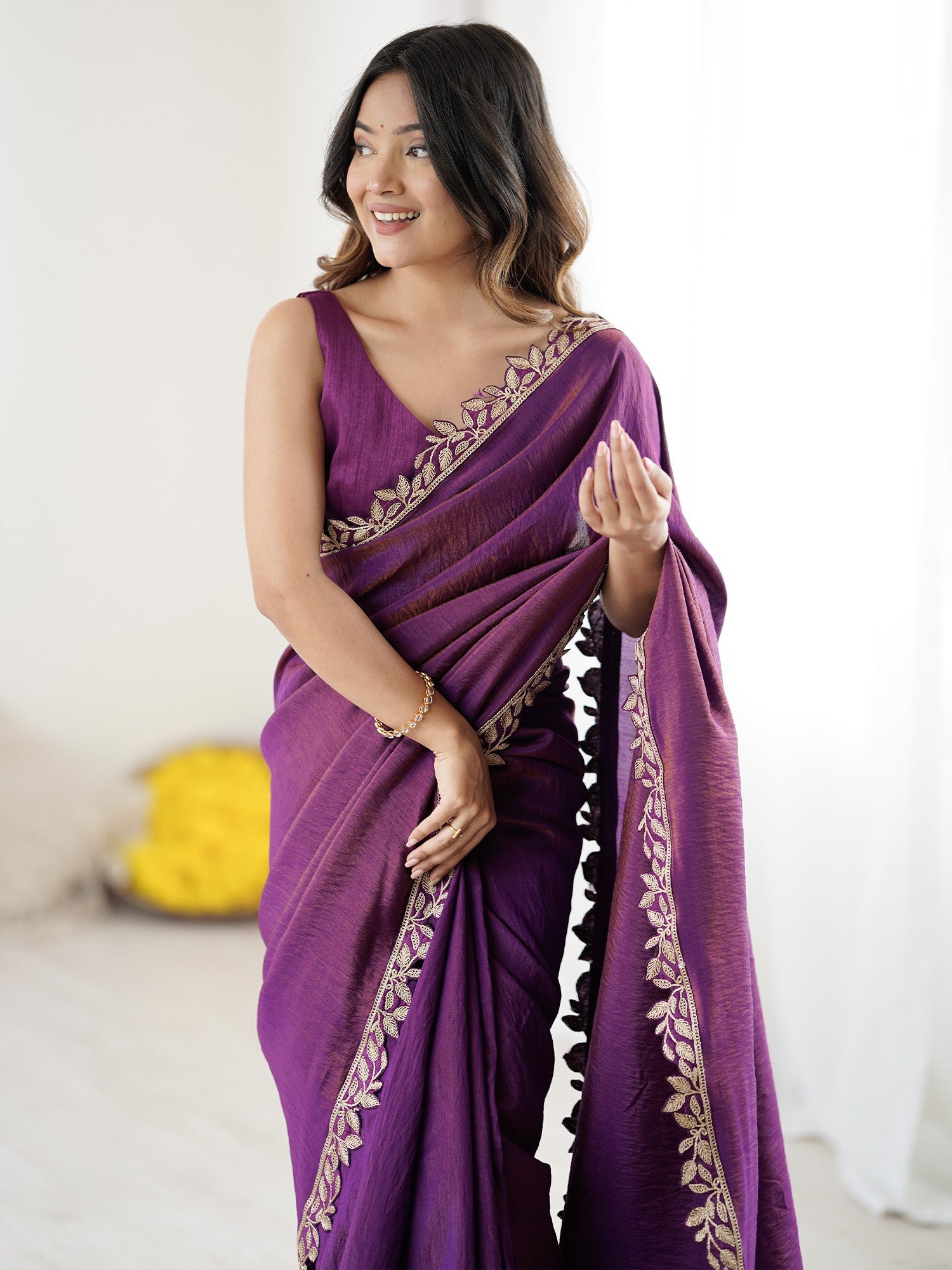 Purple Silk Saree with Leaf Embroidery Border - Ressa