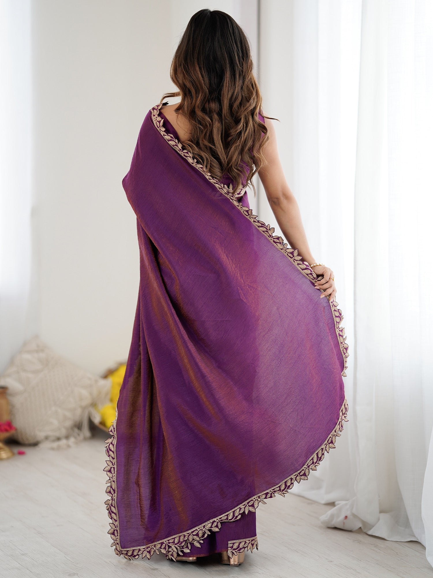 Purple Silk Saree with Leaf Embroidery Border - Ressa