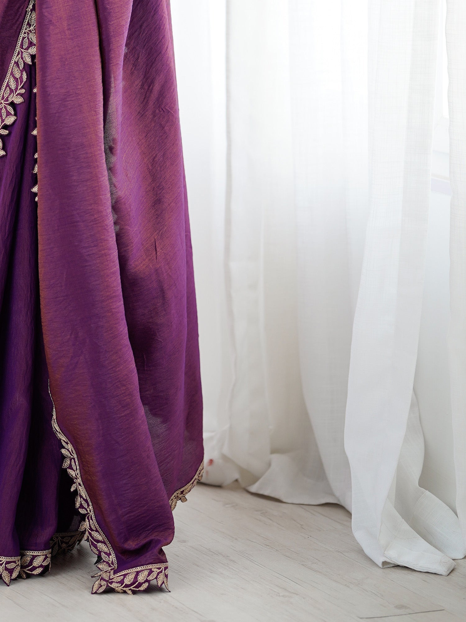 Purple Silk Saree with Leaf Embroidery Border - Ressa
