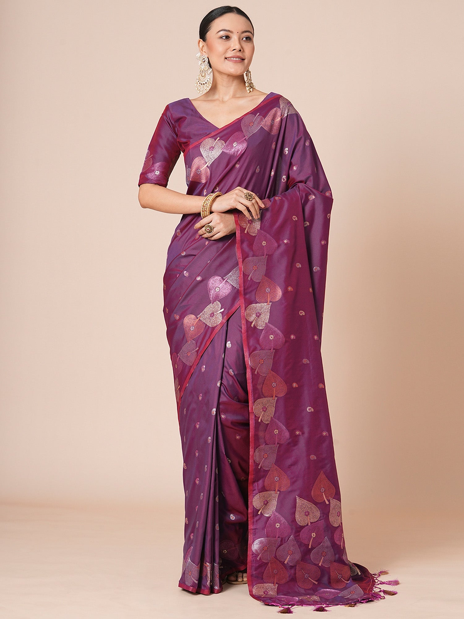 Purple Silk with Paan Booti Embroidery Saree - Ressa
