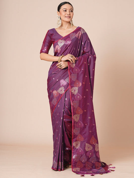 Purple Silk with Paan Booti Embroidery Saree - Ressa