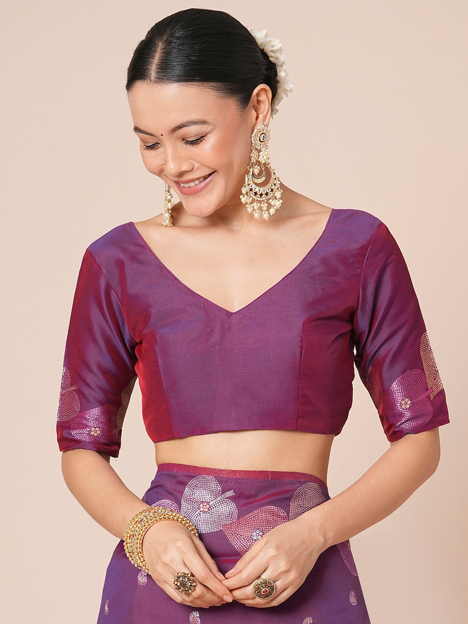 Purple Silk with Paan Booti Embroidery Saree - Ressa