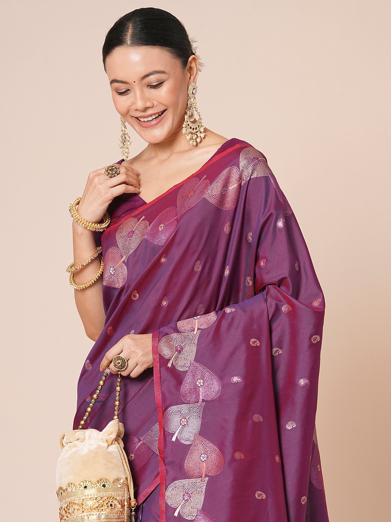 Purple Silk with Paan Booti Embroidery Saree - Ressa