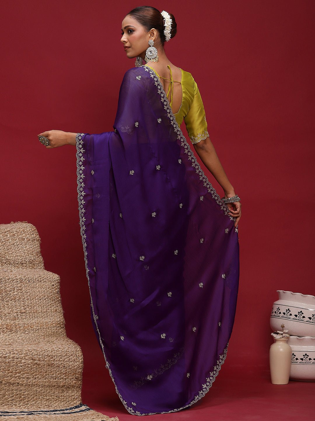 Purple Silver Zari Floral Booties Satin Saree - Ressa