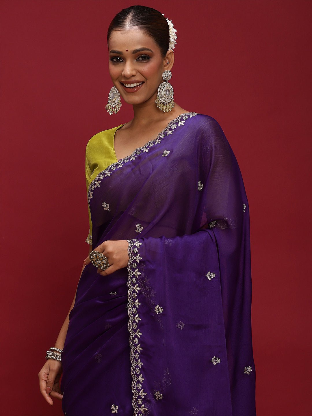 Purple Silver Zari Floral Booties Satin Saree - Ressa