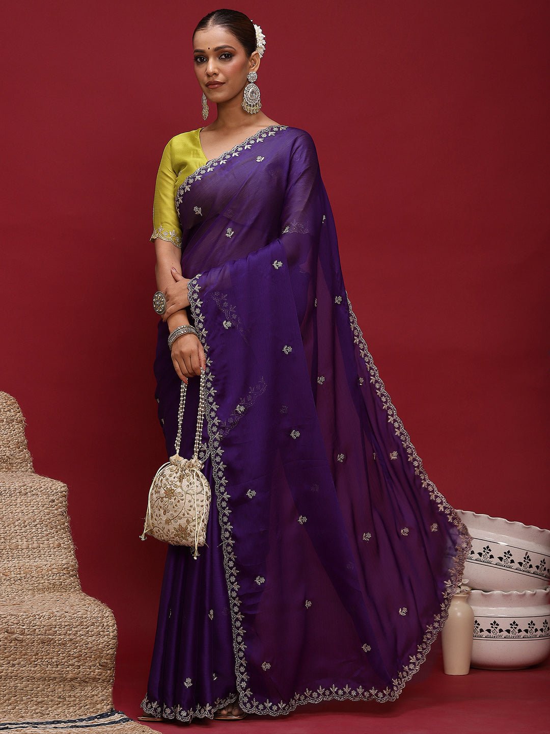 Purple Silver Zari Floral Booties Satin Saree - Ressa