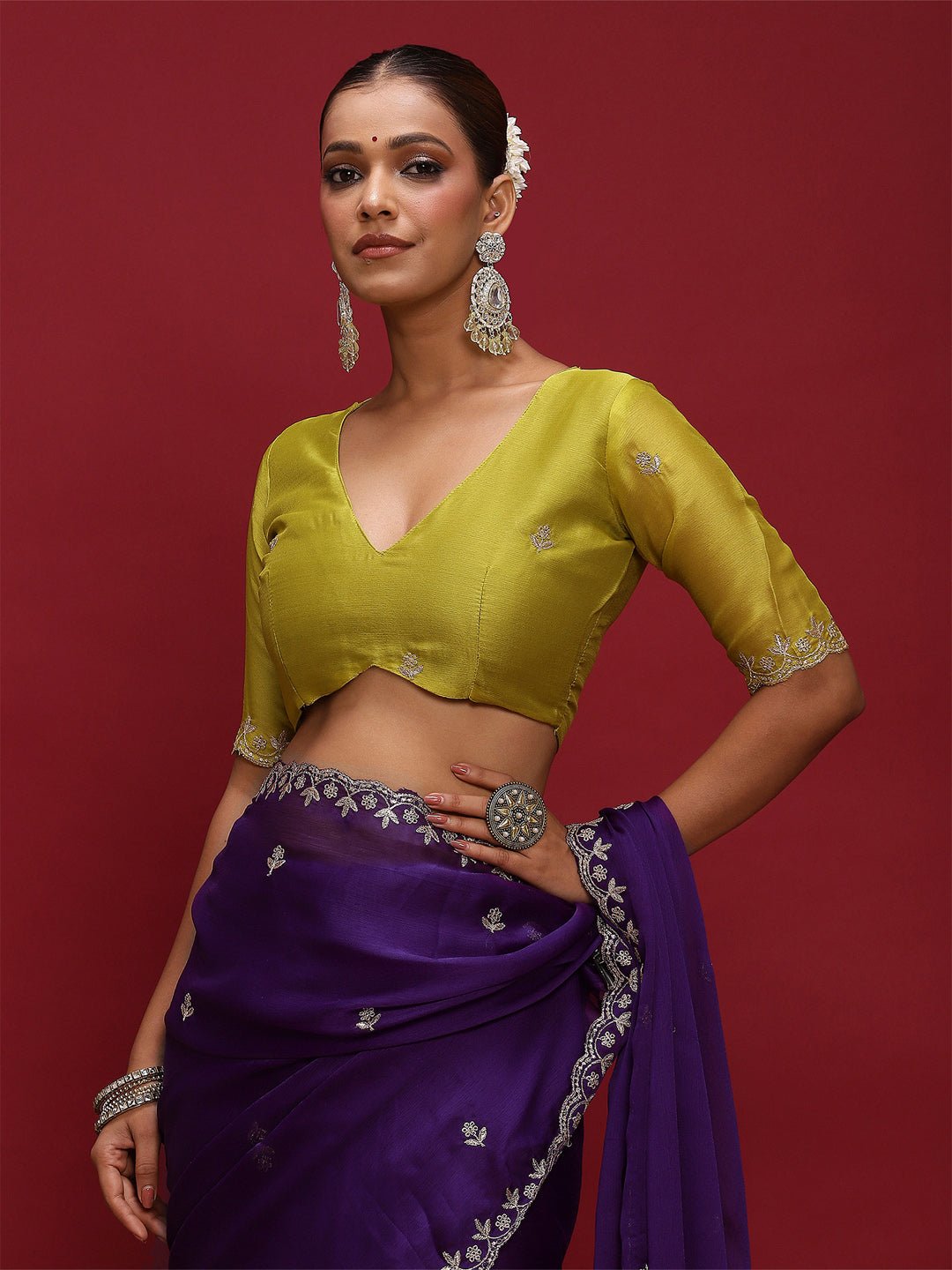 Purple Silver Zari Floral Booties Satin Saree - Ressa