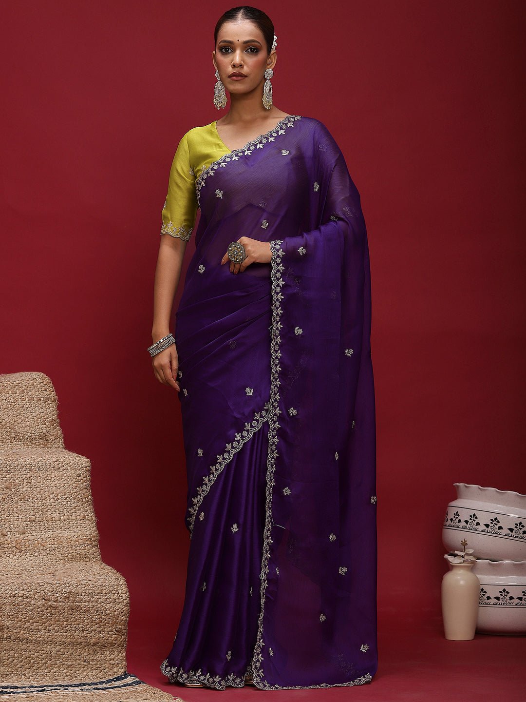 Purple Silver Zari Floral Booties Satin Saree - Ressa