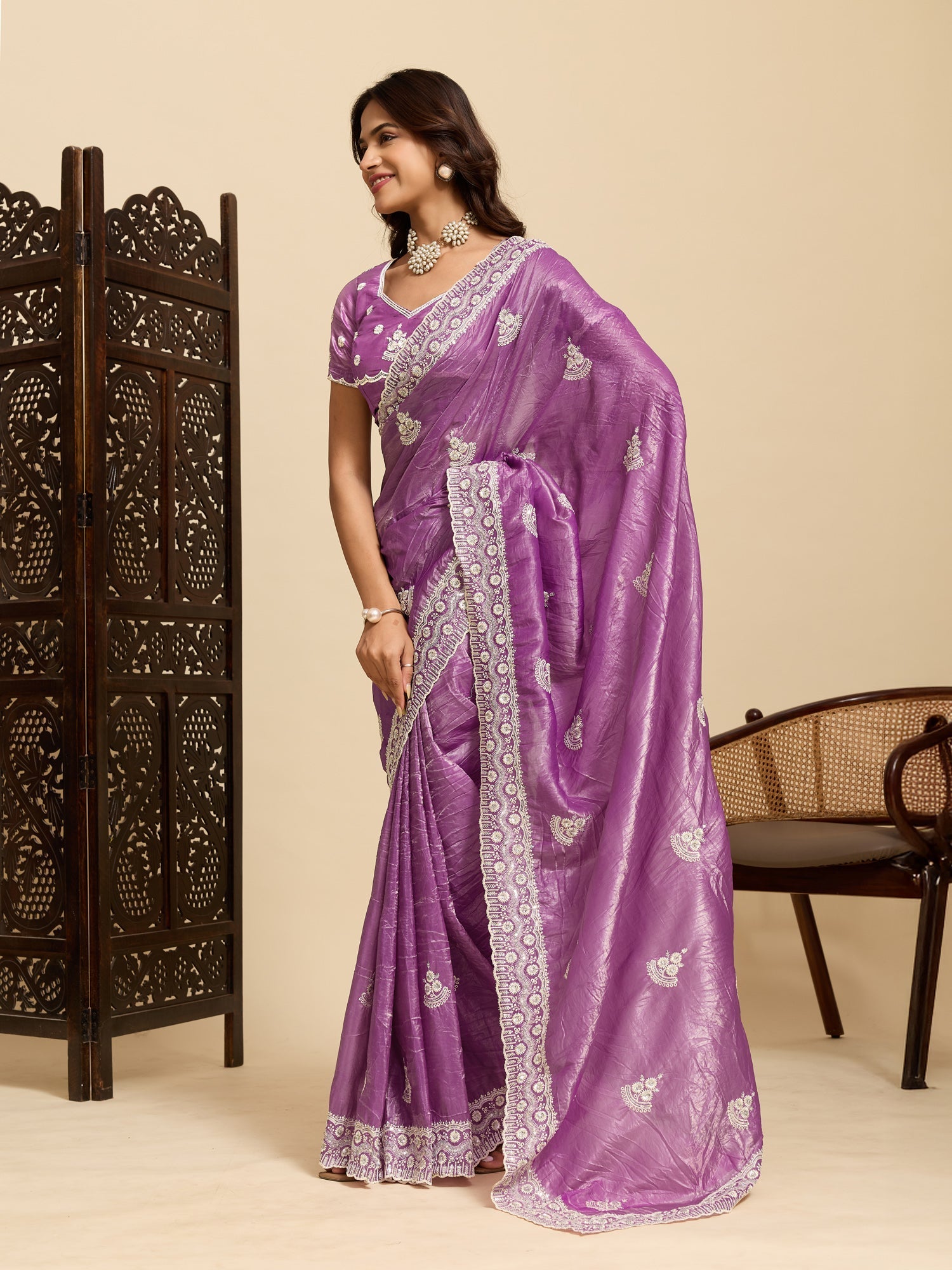 Purple Tissue Silk Embroidered Saree with Blouse - Ressa