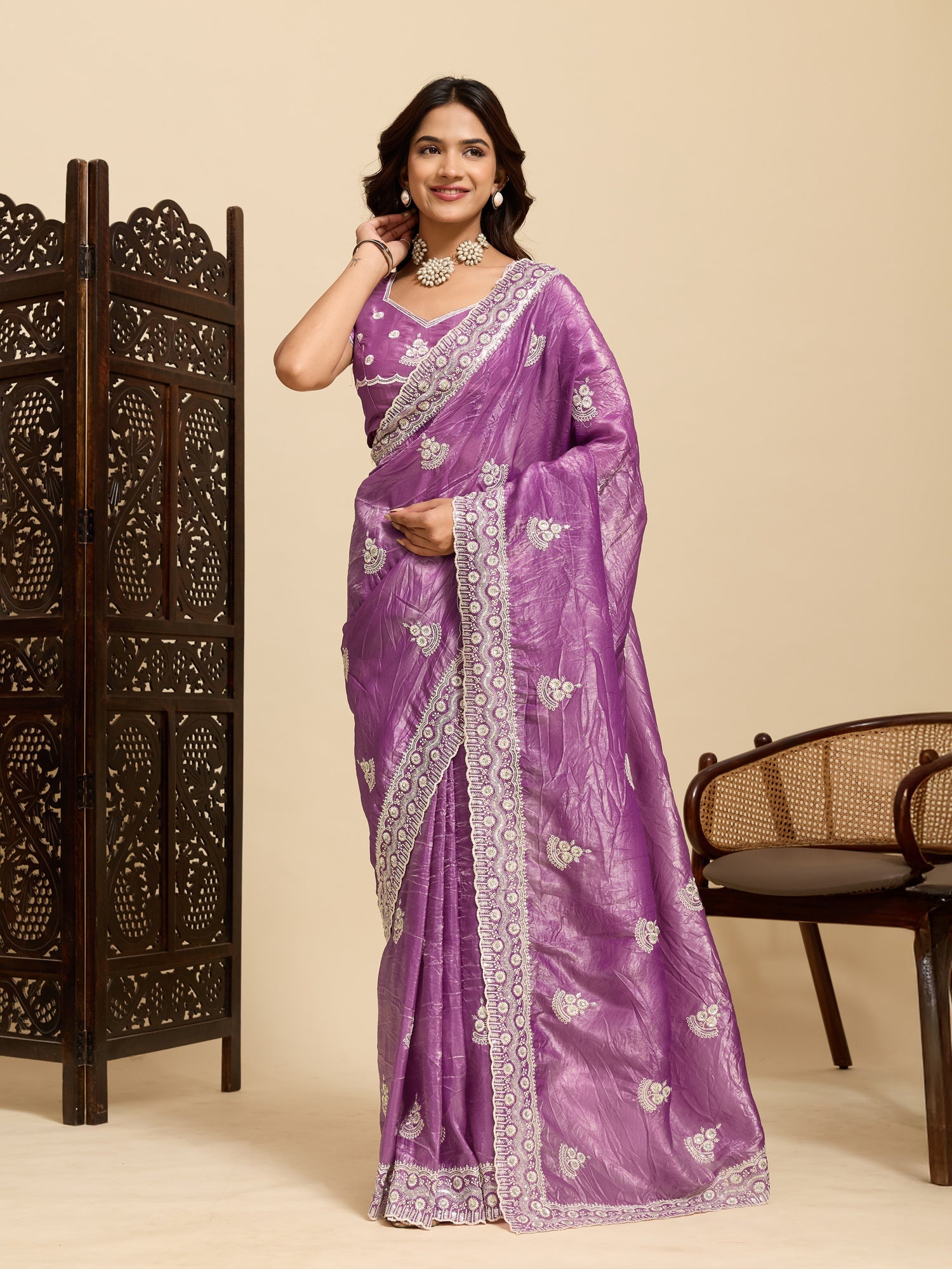 Purple Tissue Silk Embroidered Saree with Blouse - Ressa