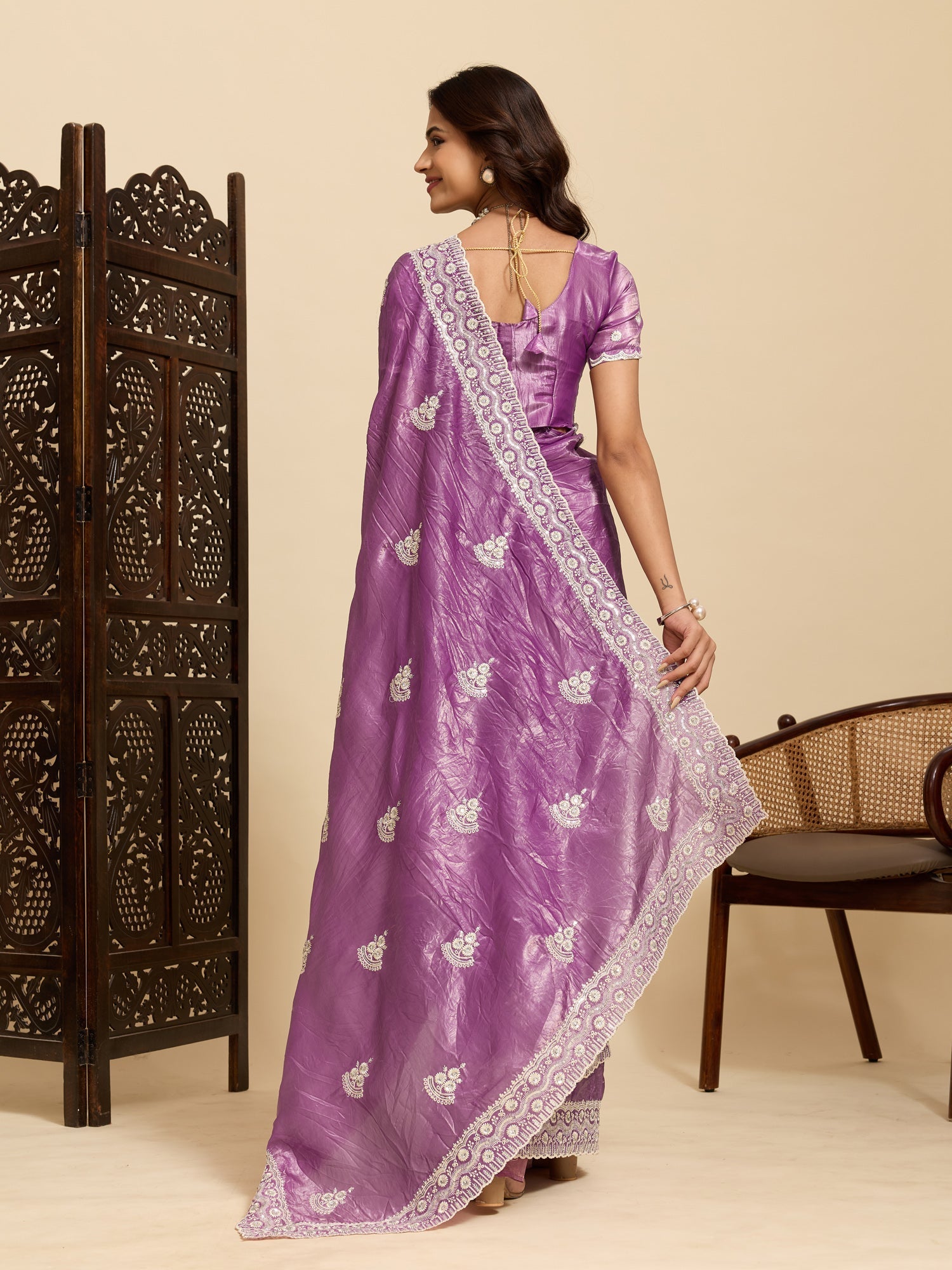 Purple Tissue Silk Embroidered Saree with Blouse - Ressa