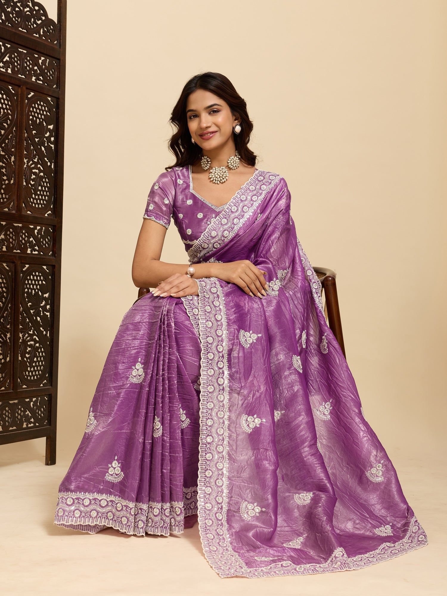 Purple Tissue Silk Embroidered Saree with Blouse - Ressa