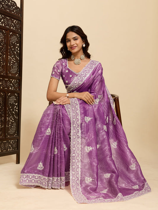 Purple Tissue Silk Embroidered Saree with Blouse - Ressa