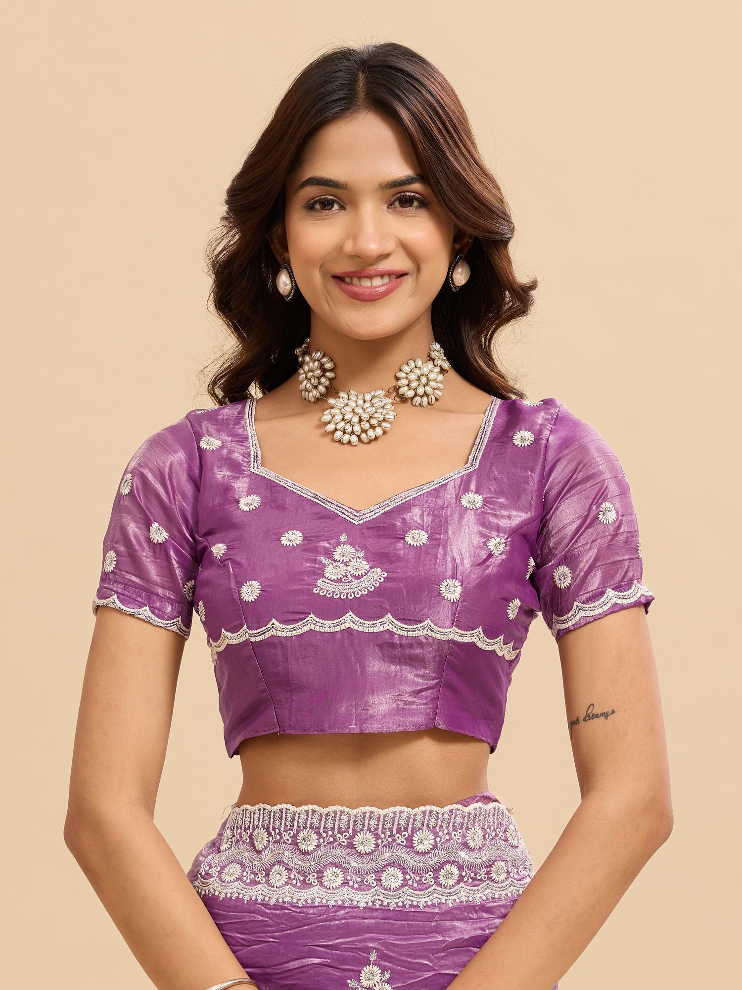 Purple Tissue Silk Embroidered Saree with Blouse - Ressa