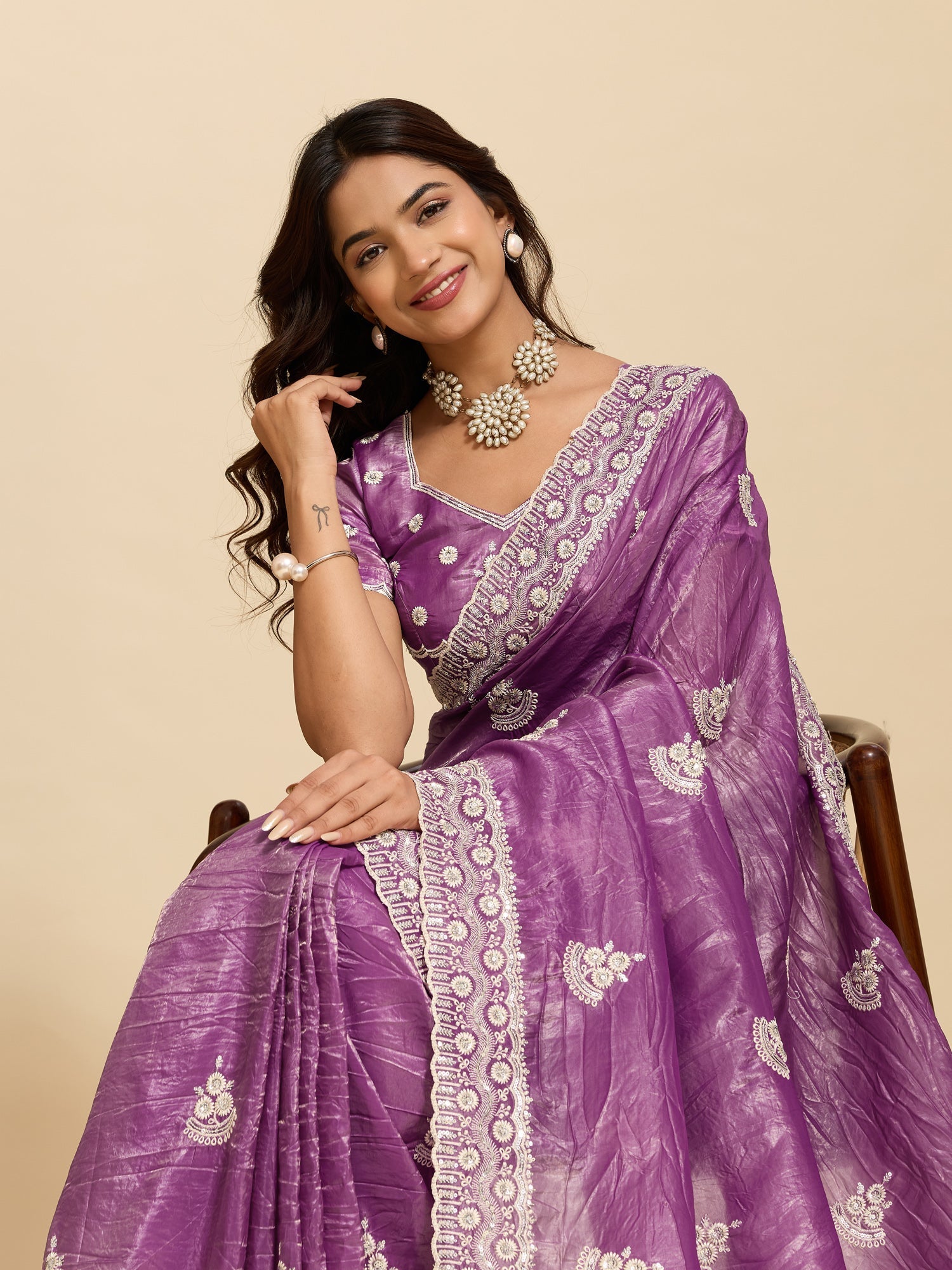 Purple Tissue Silk Embroidered Saree with Blouse - Ressa