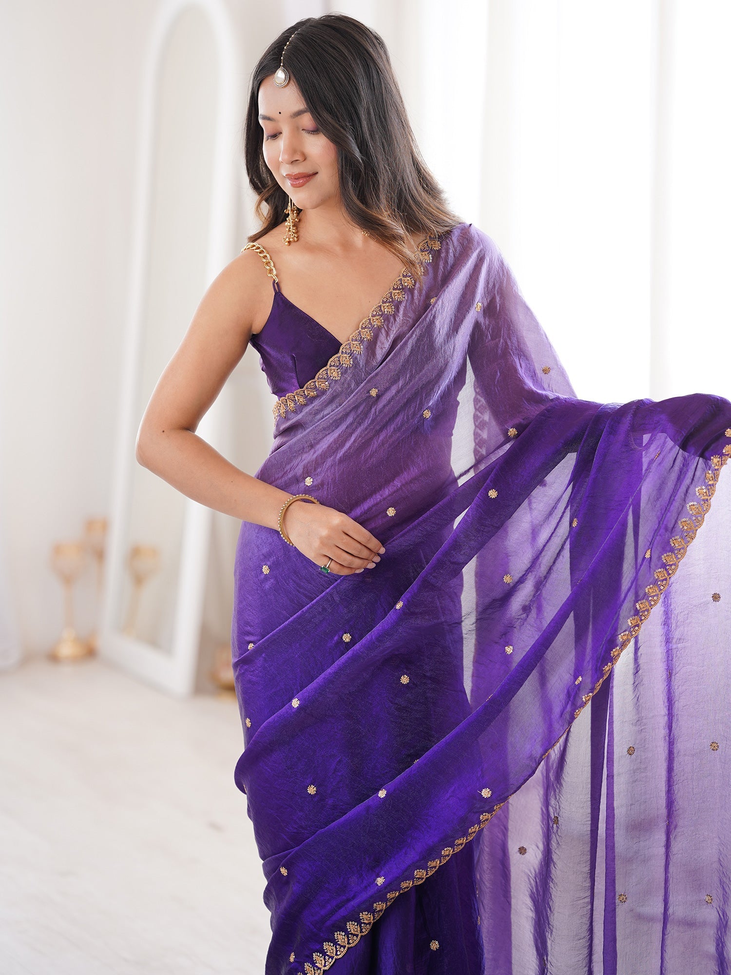 Purple Tissue Silk Saree with Embroidered Border - Ressa