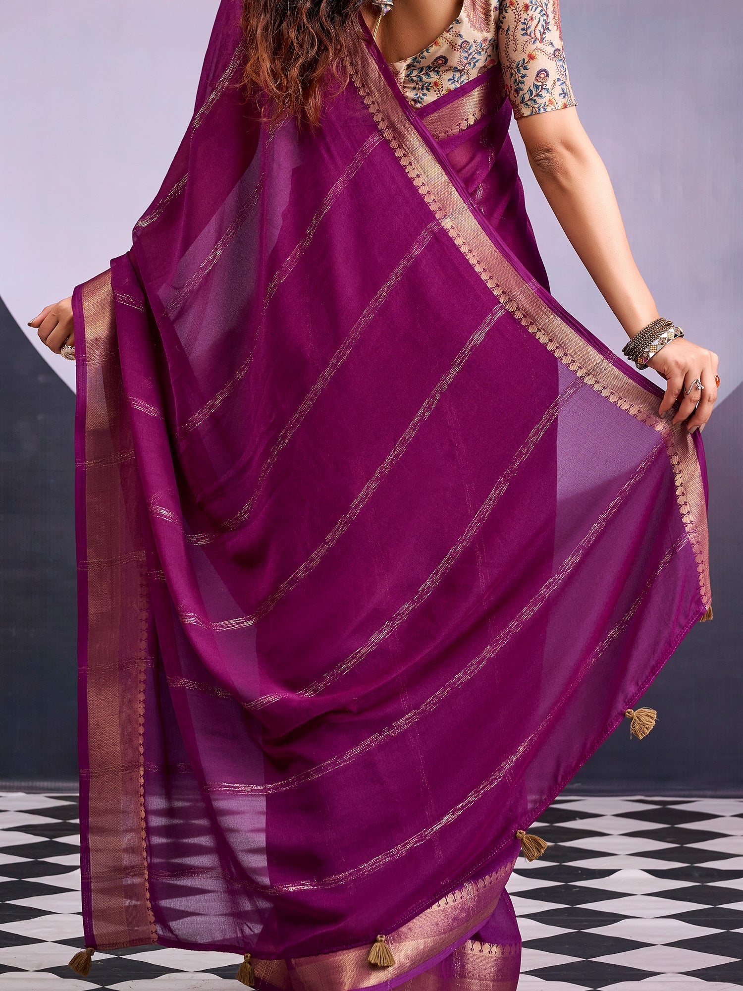 Purple Tissue Silk Saree with Zari Stripes - Ressa