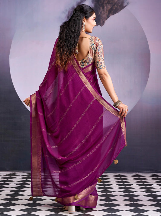 Purple Tissue Silk Saree with Zari Stripes - Ressa