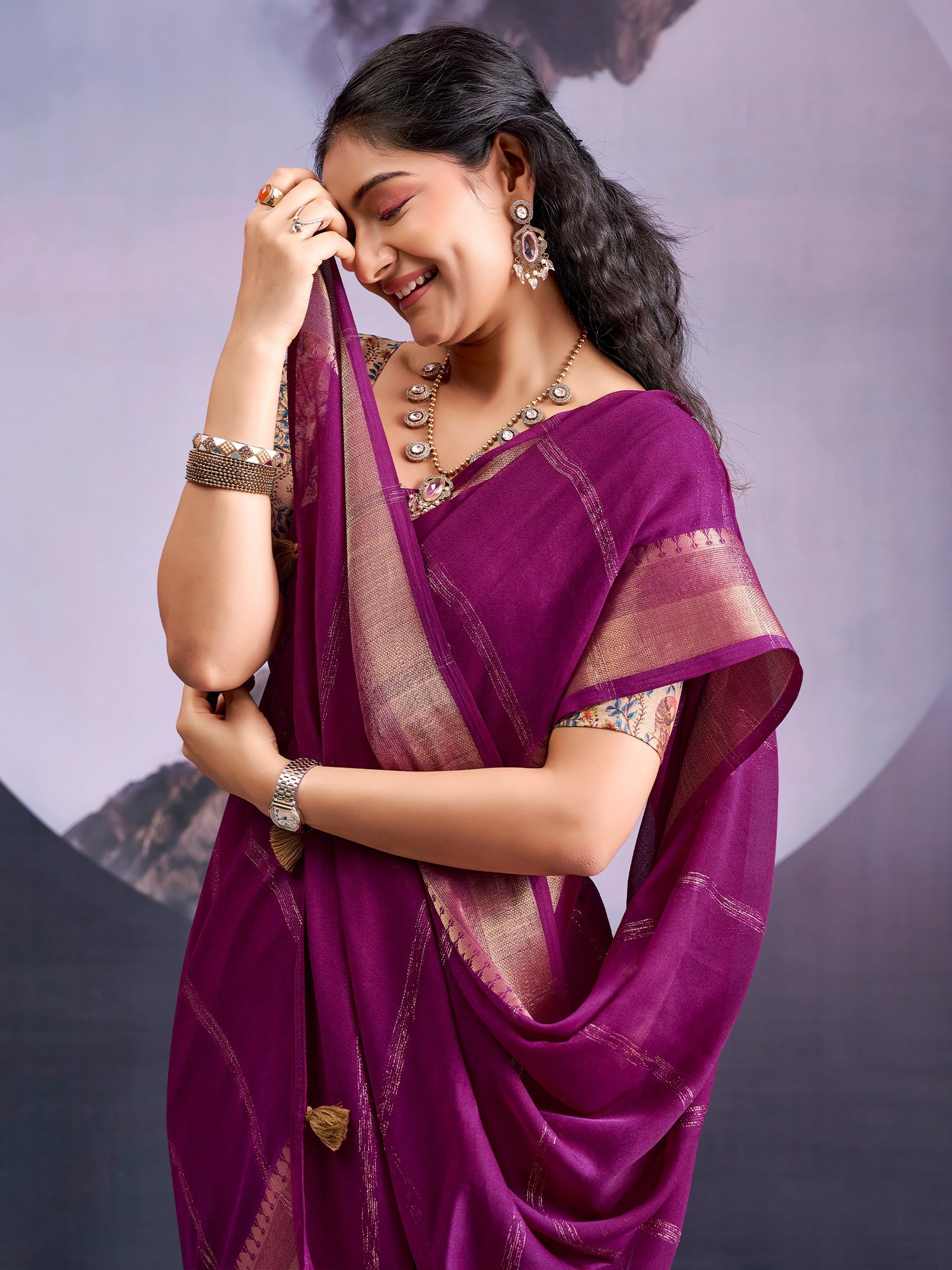 Purple Tissue Silk Saree with Zari Stripes - Ressa