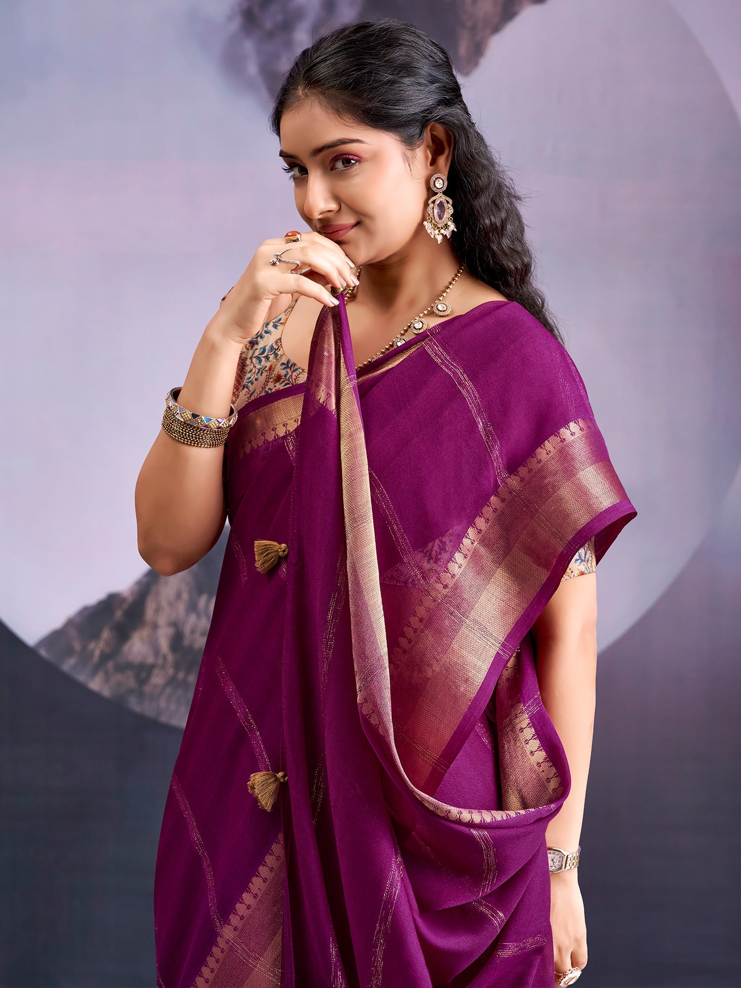 Purple Tissue Silk Saree with Zari Stripes - Ressa