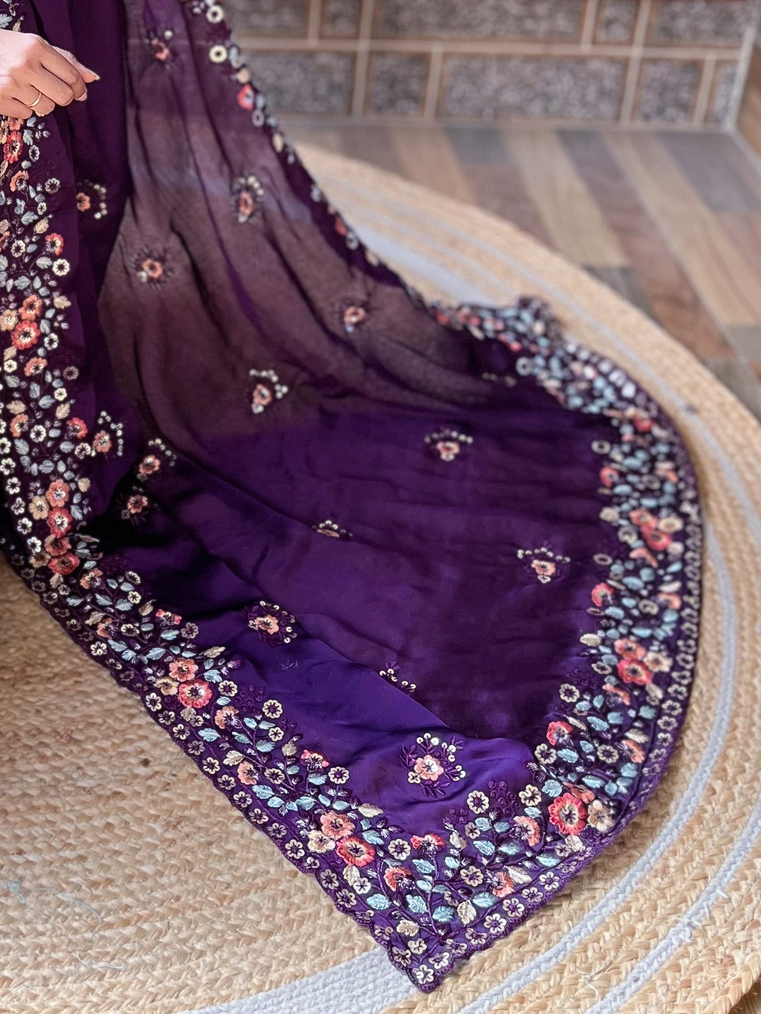 Purple Vichitra Silk / Chiffon Floral Embroidery Heavy Border Sleeveless Blouse Saree - Ressa