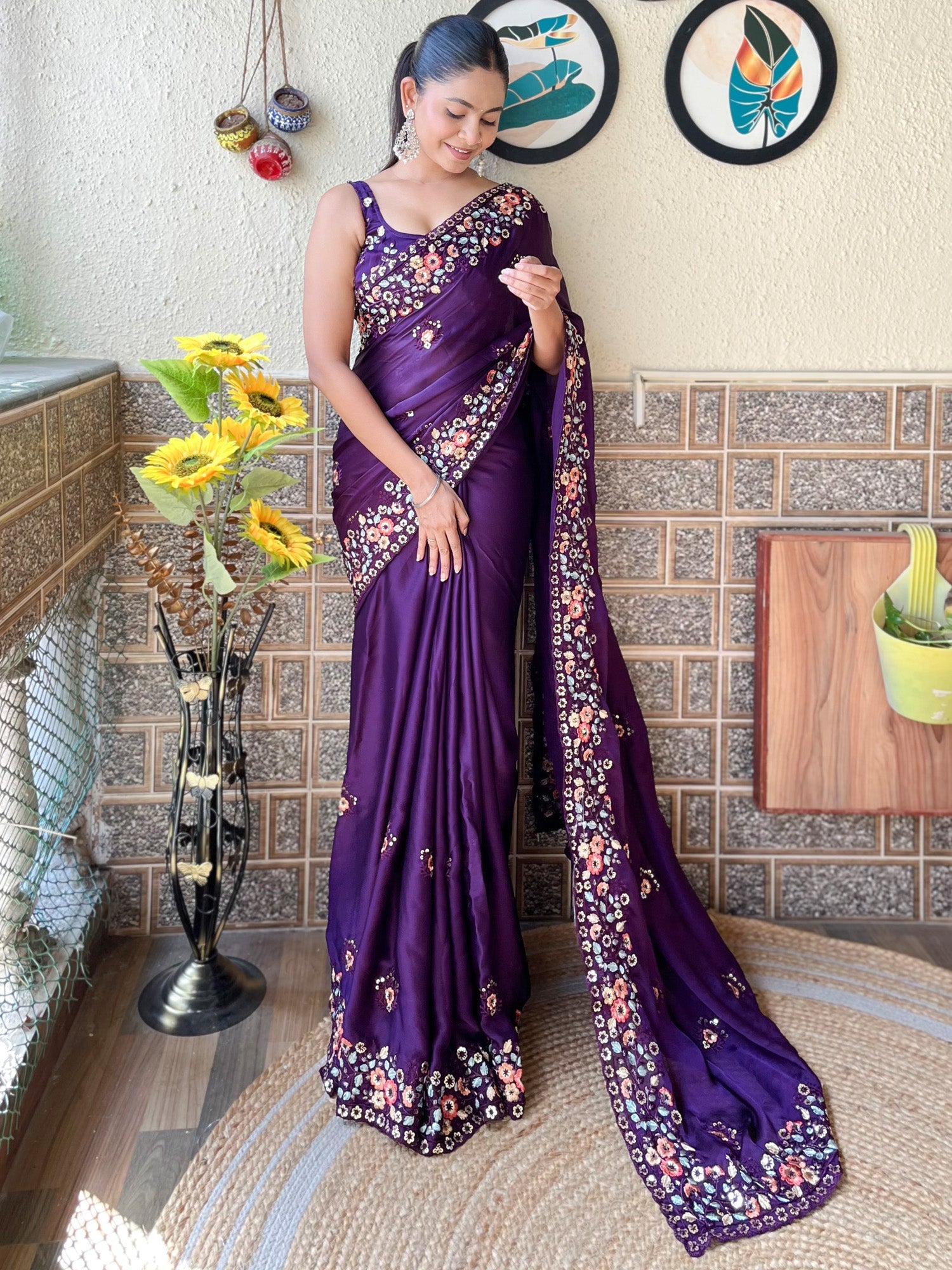 Purple Vichitra Silk / Chiffon Floral Embroidery Heavy Border Sleeveless Blouse Saree - Ressa