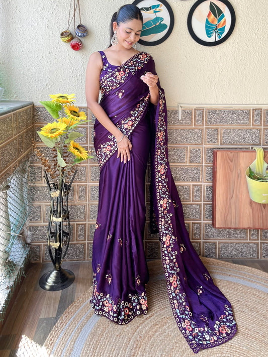 Purple Vichitra Silk / Chiffon Floral Embroidery Heavy Border Sleeveless Blouse Saree - Ressa