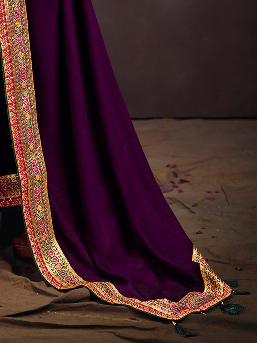 Purple Vichitra Silk Saree with Embroidered Border - Ressa