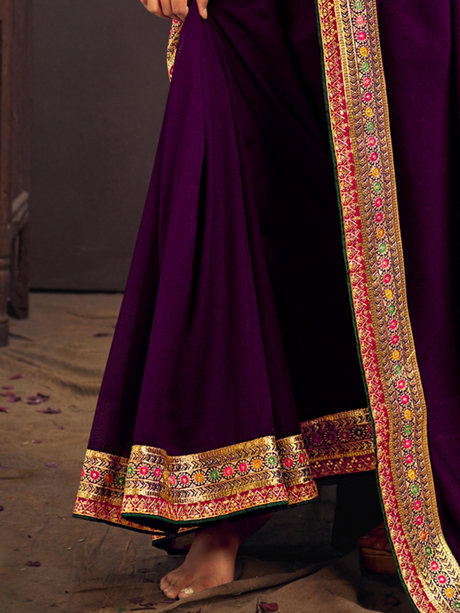 Purple Vichitra Silk Saree with Embroidered Border - Ressa