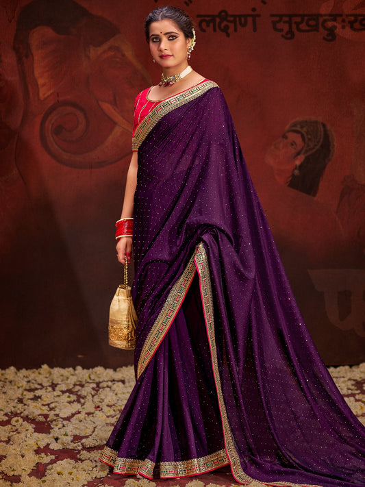 Purple Vichitra Silk Saree with Embroidered Border - Ressa