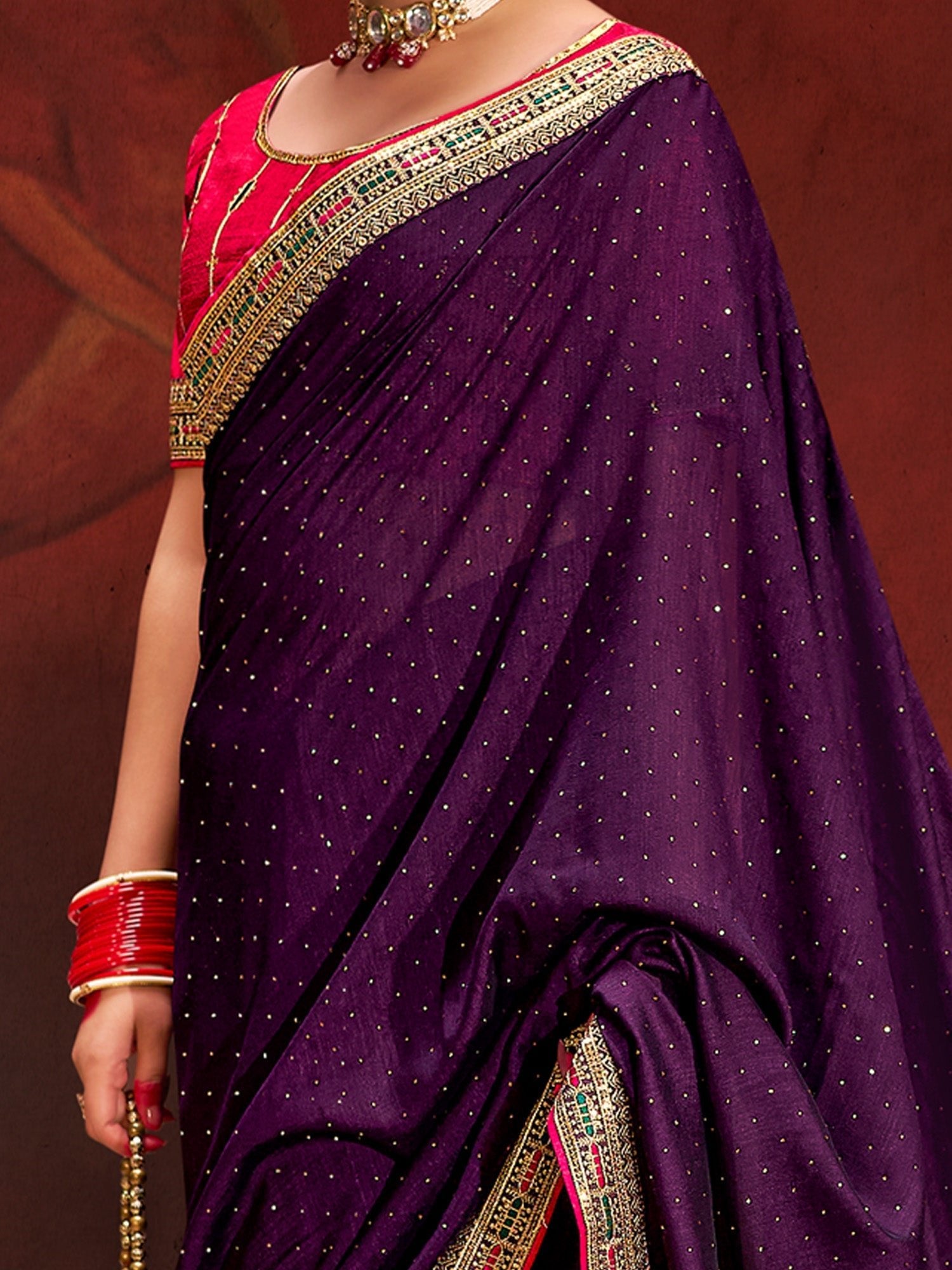 Purple Vichitra Silk Saree with Embroidered Border - Ressa