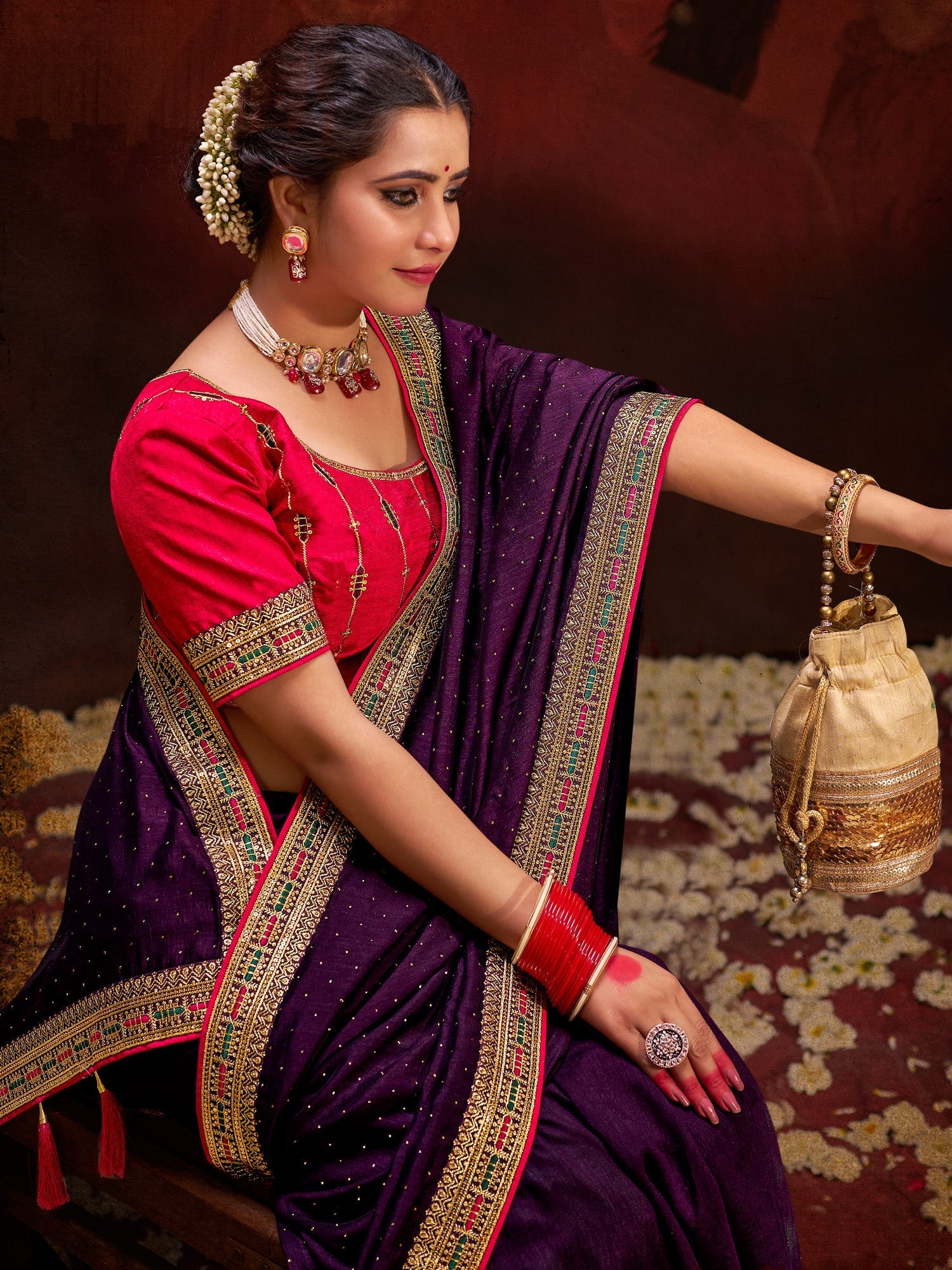 Purple Vichitra Silk Saree with Embroidered Border - Ressa