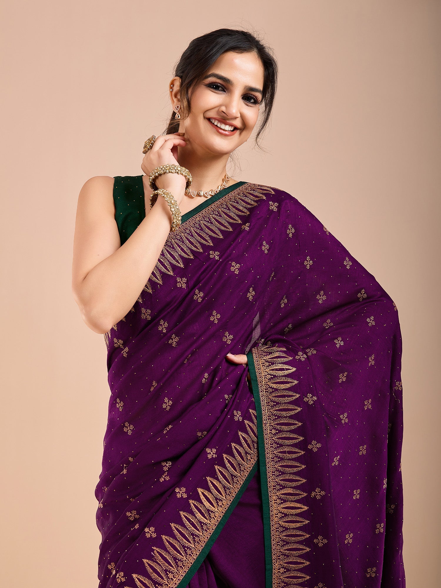 Purple Vichitra Silk Swaroski Work Saree - Ressa
