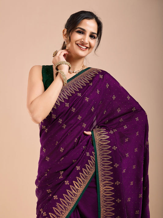 Purple Vichitra Silk Swaroski Work Saree - Ressa