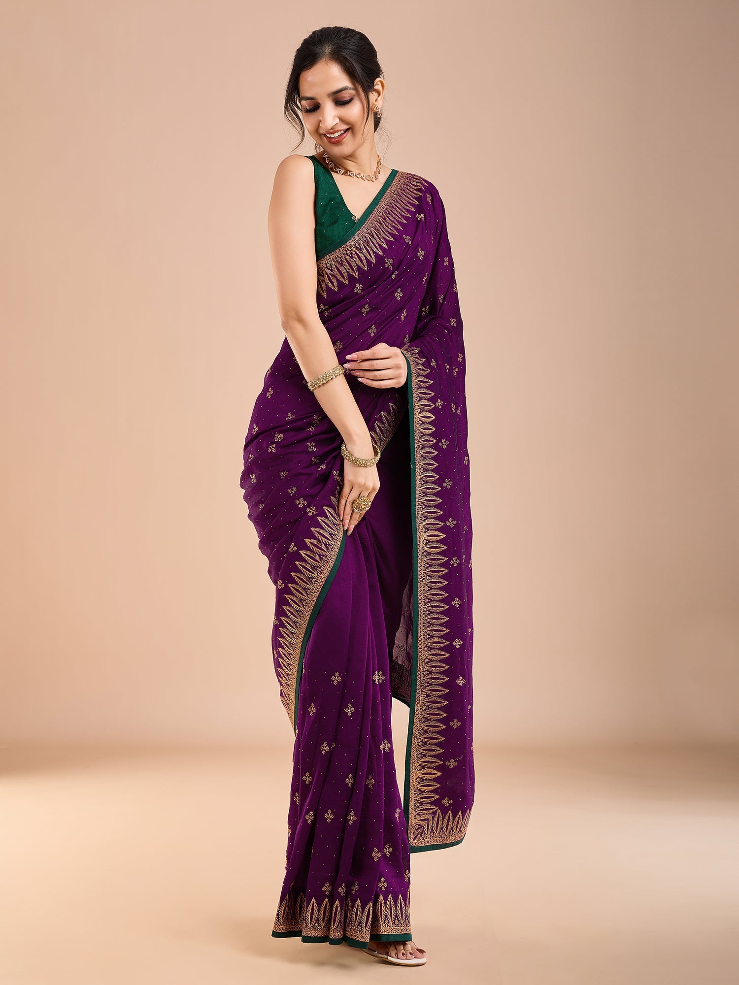 Purple Vichitra Silk Swaroski Work Saree - Ressa