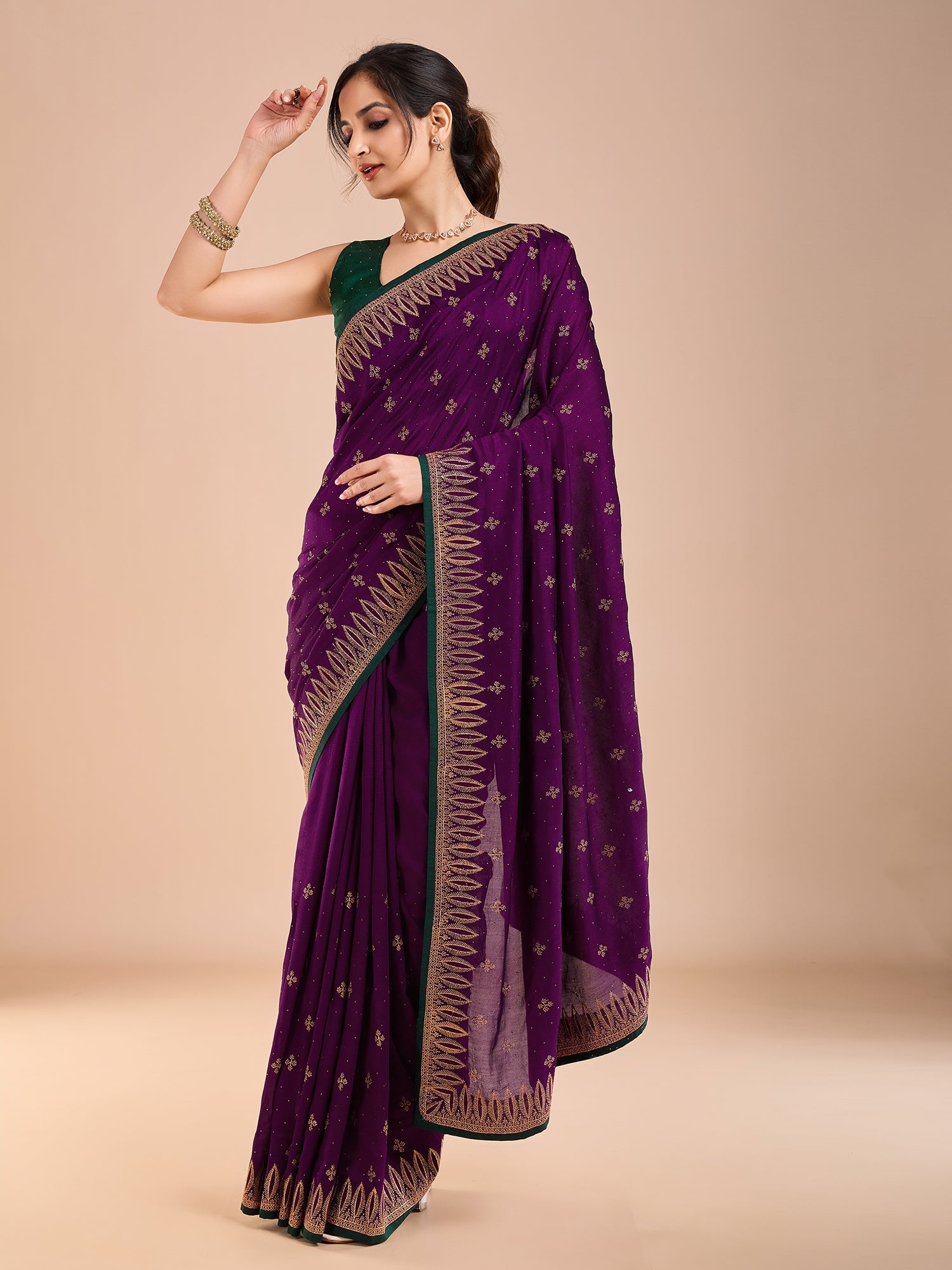 Purple Vichitra Silk Swaroski Work Saree - Ressa