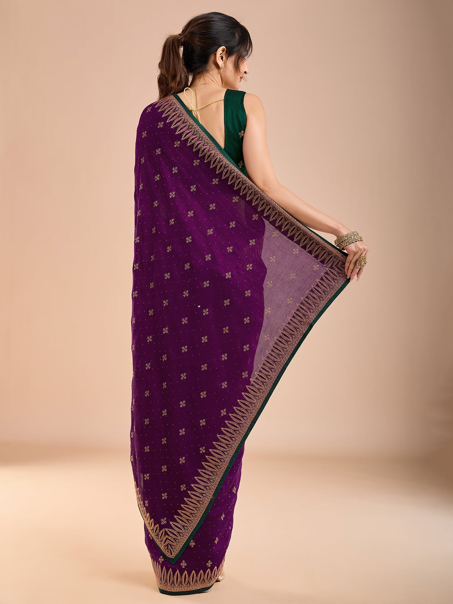 Purple Vichitra Silk Swaroski Work Saree - Ressa