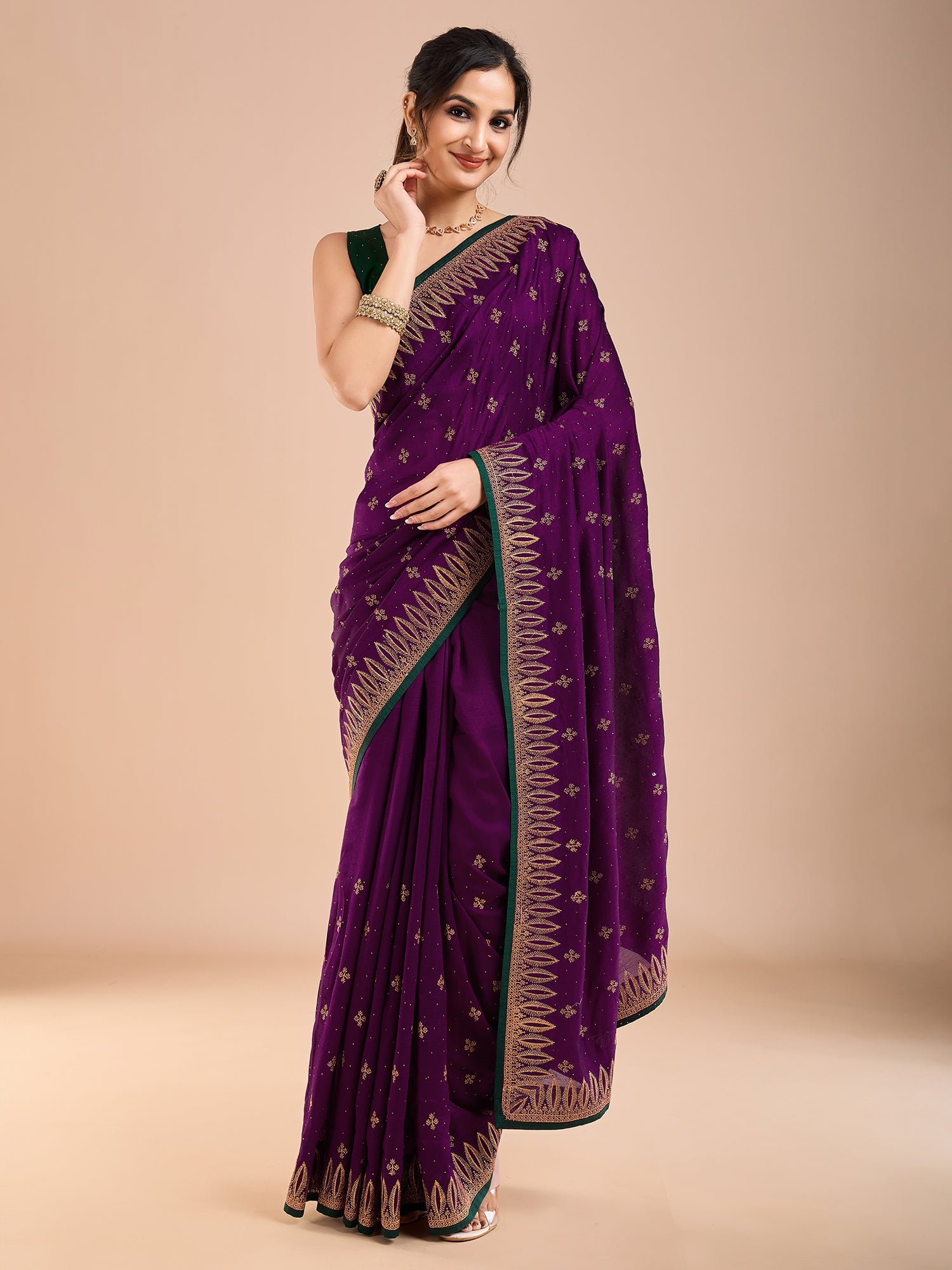 Purple Vichitra Silk Swaroski Work Saree - Ressa